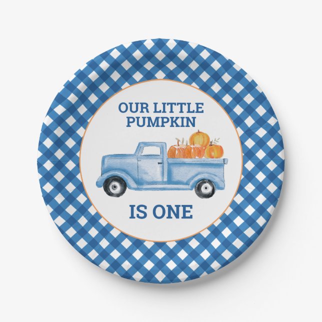 Our Little Pumpkin blue truck first birthday Paper Plate (Front)