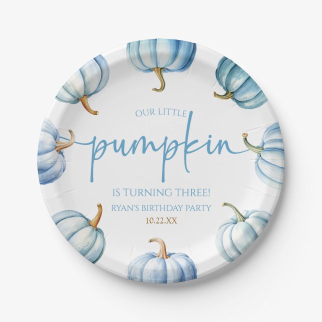 Our Little Pumpkin Blue White Fall Birthday Party Paper Plate (Front)