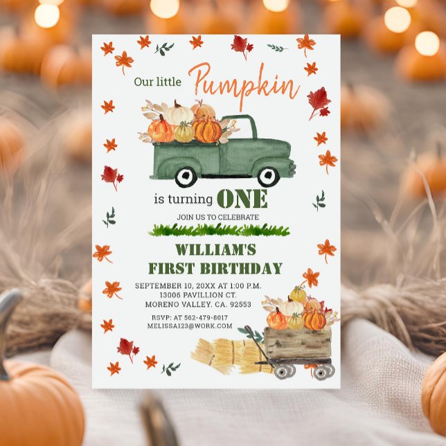 Our Little Pumpkin Boy First Birthday Green Truck Invitation (Creator Uploaded)