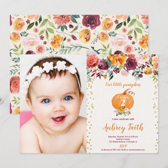 Our little pumpkin burgundy floral birthday photo invitation (Front/Back)