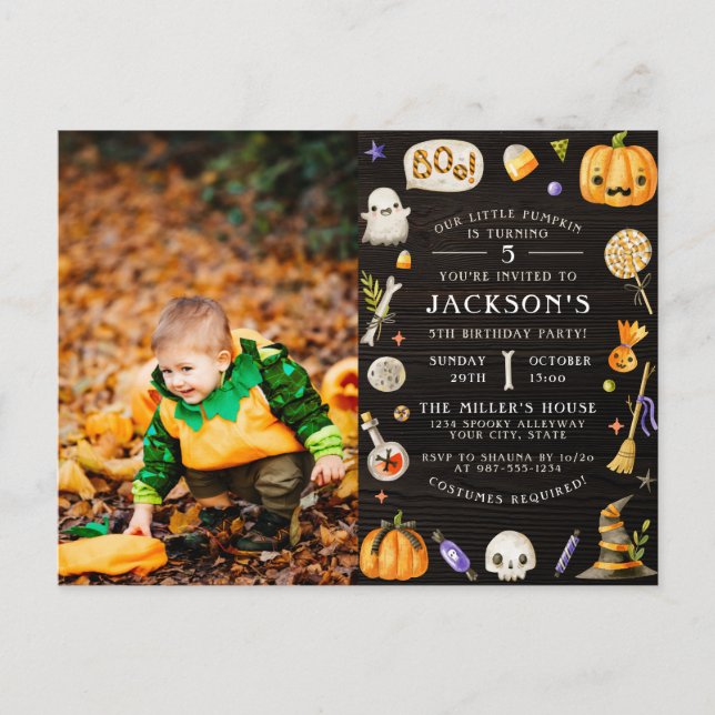 Our Little Pumpkin | Cute Halloween Birthday Photo Invitation Postcard (Front)