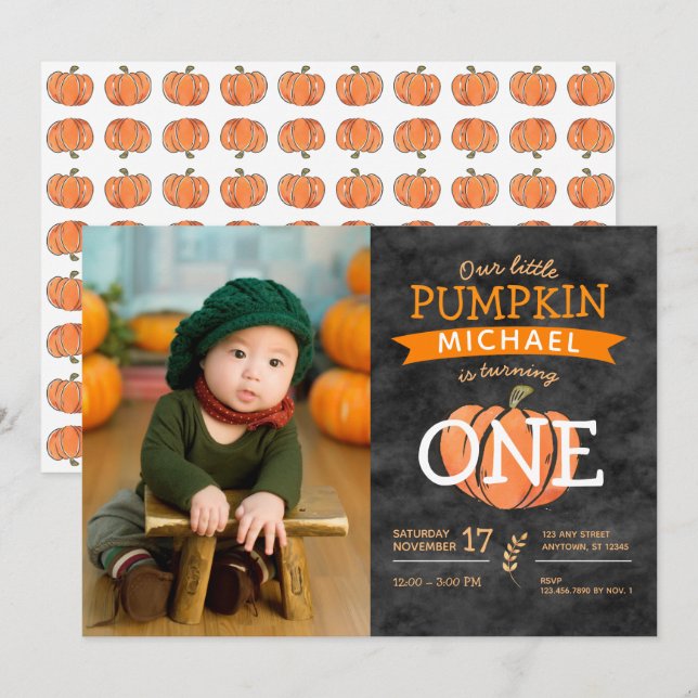 Our Little Pumpkin Fall Birthday Photo Invitation (Front/Back)
