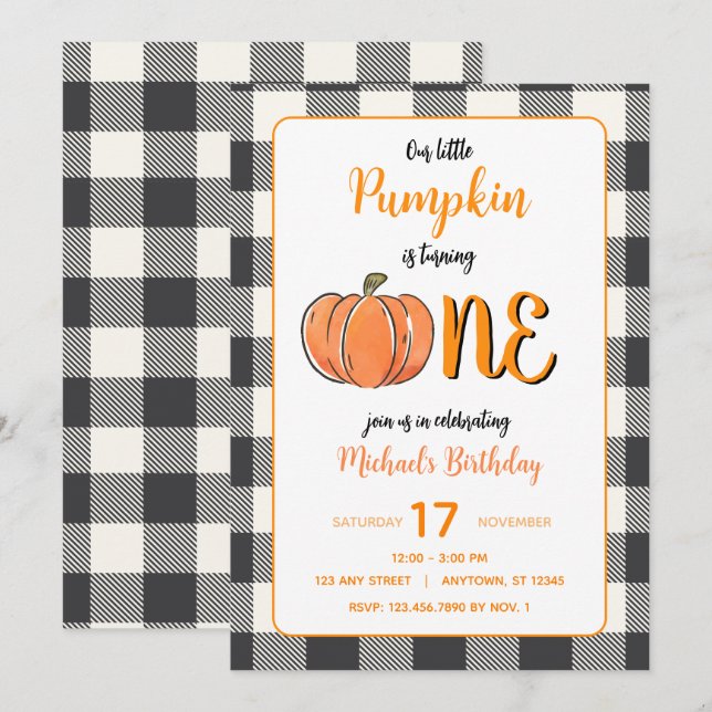 Our Little Pumpkin Fall Flannel Boys Birthday Invitation (Front/Back)