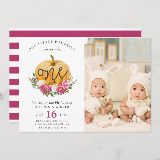Our Little Pumpkin Fall Floral 1st Twins Birthday Invitation (Front/Back)