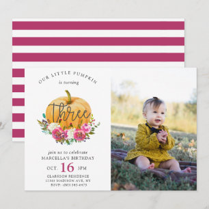 Our Little Pumpkin Fall Floral 3rd Birthday Invitation