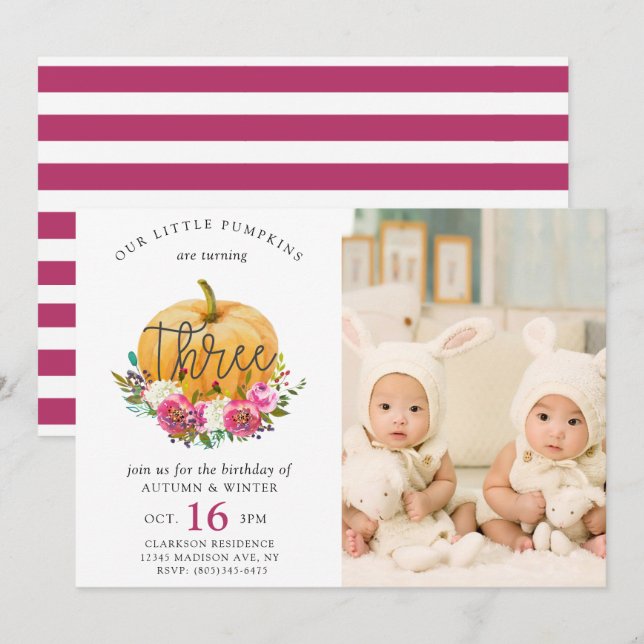 Our Little Pumpkin Fall Floral 3rd Twins Birthday Invitation (Front/Back)