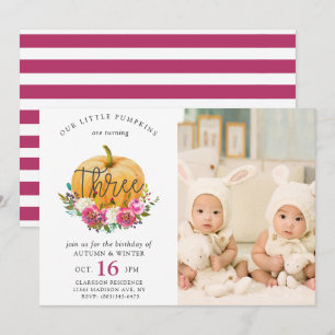 Our Little Pumpkin Fall Floral 3rd Twins Birthday Invitation