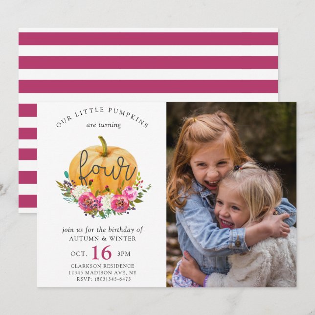 Our Little Pumpkin Fall Floral 4th Twins Birthday Invitation (Front/Back)