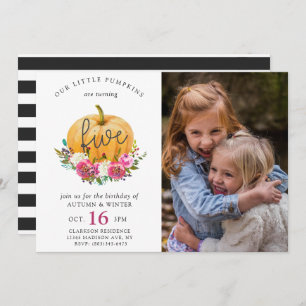 Our Little Pumpkin Fall Floral 5th Twins Birthday Invitation