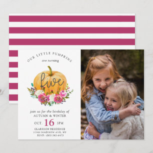 Our Little Pumpkin Fall Floral 5th Twins Birthday Invitation