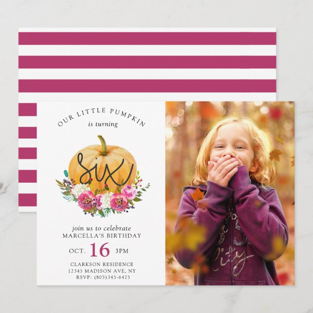 Our Little Pumpkin Fall Floral 6th Birthday Invitation (Front/Back)