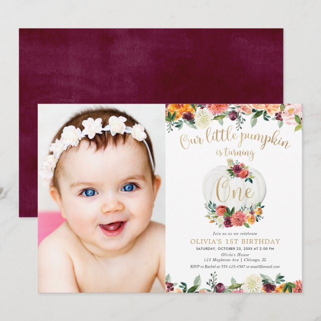 Our little pumpkin fall floral burgundy gold photo invitation (Front/Back)