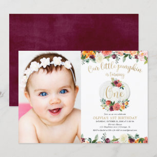 Our little pumpkin fall floral burgundy gold photo invitation