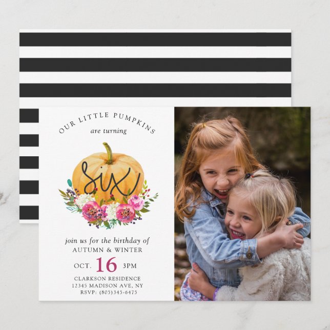 Our Little Pumpkin Fall Floral Twins 6th Birthday Invitation (Front/Back)