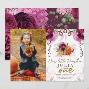 Our Little Pumpkin First Birthday Burgundy Photo Invitation
