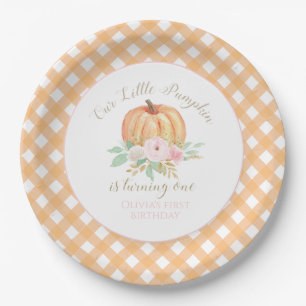 Our Little Pumpkin first birthday floral plaid Paper Plate