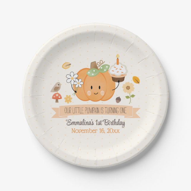 Our Little Pumpkin First Birthday Girl Paper Plate (Front)