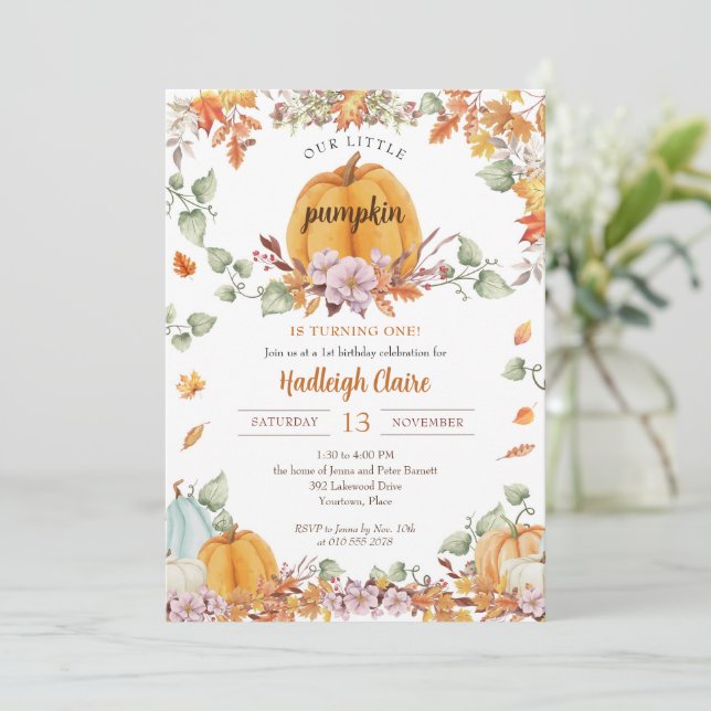 Our Little Pumpkin First Birthday Party Invitation (Standing Front)