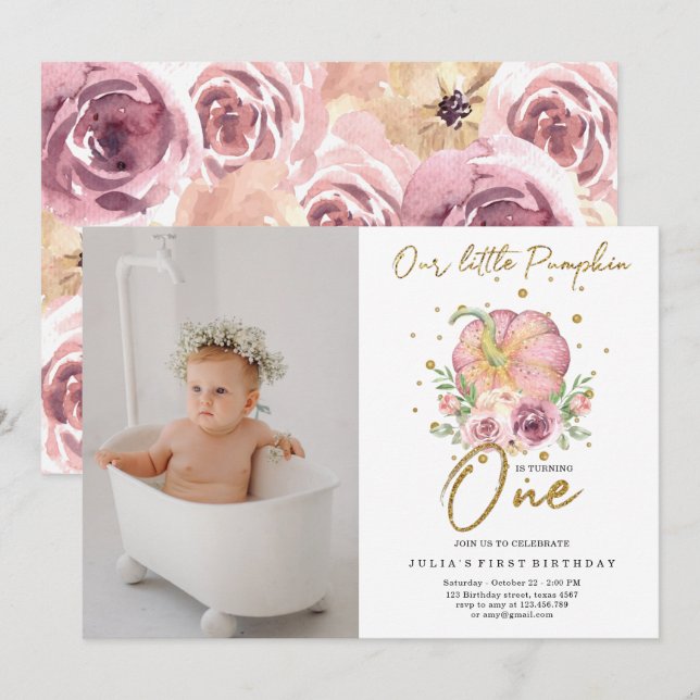 Our Little Pumpkin First Birthday Pink Photo Invitation (Front/Back)