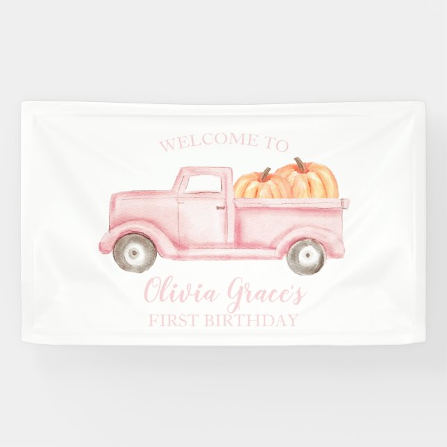 Our Little Pumpkin First Birthday pink truck Banner (Horizontal)
