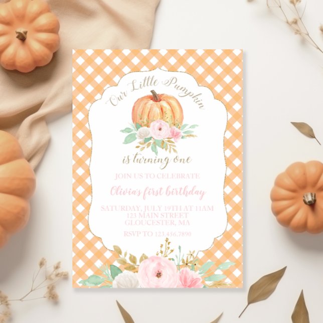 Our Little Pumpkin floral orange plaid birthday Invitation (Creator Uploaded)