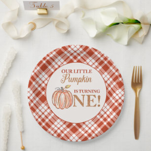 Our Little Pumpkin floral red plaid 1st birthday  Paper Plate