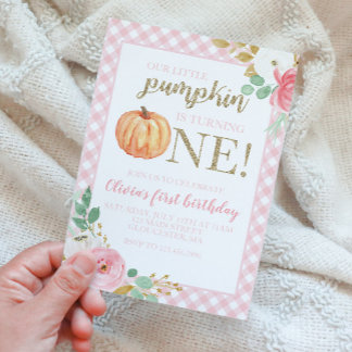 Our Little Pumpkin gold and floral first birthday Invitation