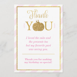 Our Little Pumpkin Gold Pink Birthday Thank You Invitation