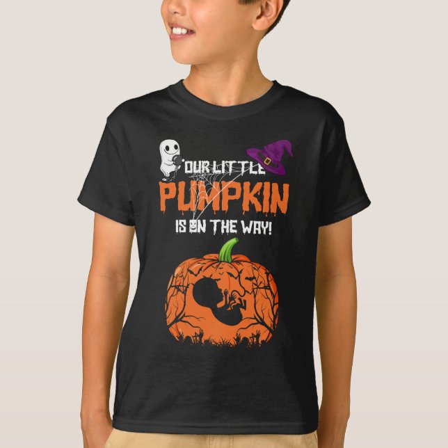 Our Little Pumpkin Is on the Way Halloween Pregnan T-Shirt (Front)
