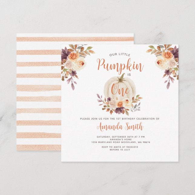 Our Little Pumpkin Is One Birthday Rustic Floral Invitation (Front/Back)