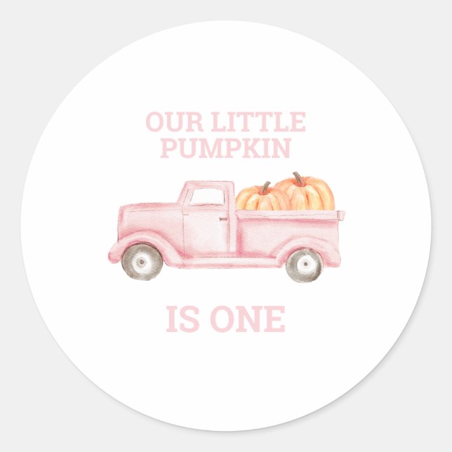 Our Little Pumpkin is One Pink Truck Classic Round Sticker (Front)