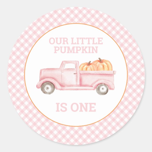 Our Little Pumpkin is One Pink Truck Classic Round Sticker (Front)