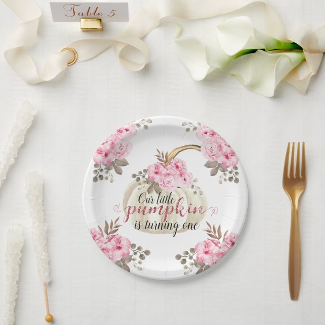 Our Little Pumpkin is One Watercolor Pink Floral Paper Plate (Wedding)
