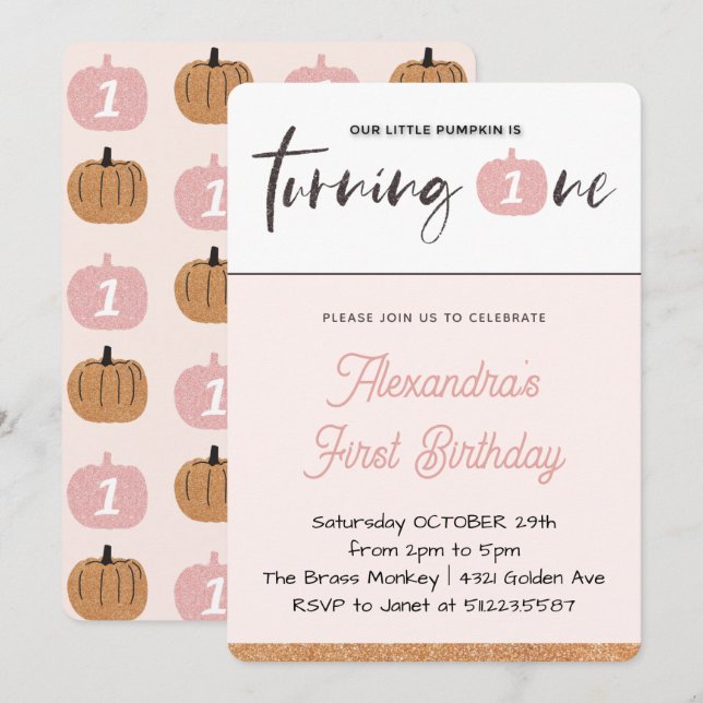 Our Little Pumpkin is Turning One 1st Birthday Invitation (Front/Back)