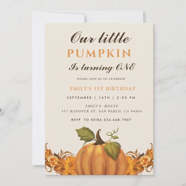 our little pumpkin is turning one 1st birthday invitation (Front)