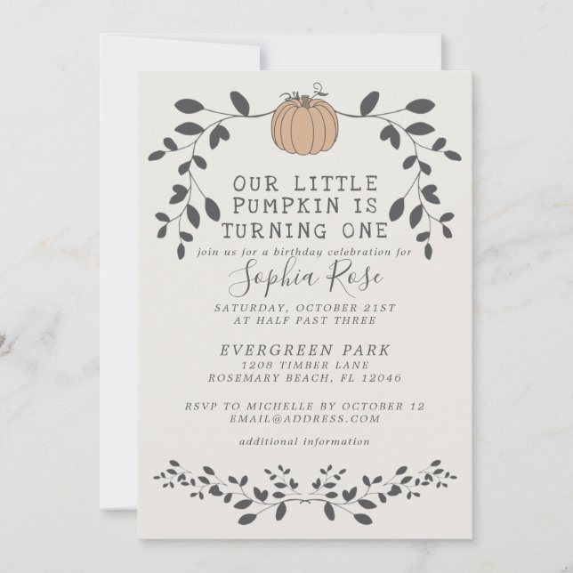 Our Little Pumpkin Is Turning One First Birthday Invitation (Front)