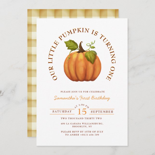 Our Little Pumpkin is Turning One First Birthday Invitation (Front/Back)