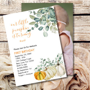Our Little Pumpkin is turning one greenery photo Invitation