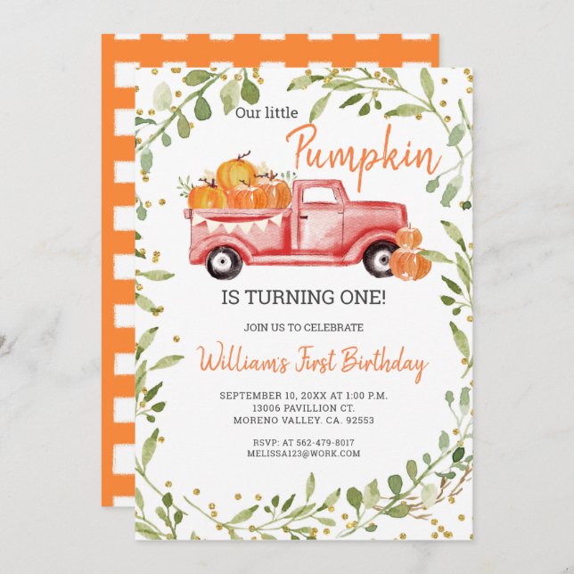Our Little Pumpkin is Turning One Invitation (Front/Back)