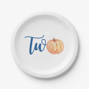 Our Little Pumpkin is Two blue 2nd birthday Paper Plate