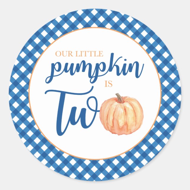 Our Little Pumpkin is Two blue plaid 2nd birthday Classic Round Sticker (Front)