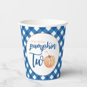 Our Little Pumpkin is Two blue plaid 2nd birthday Paper Cups