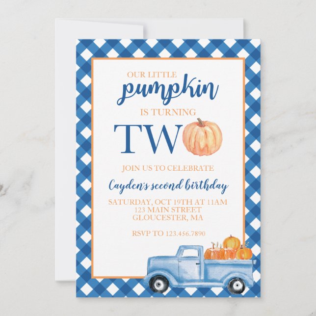 Our Little Pumpkin is Two blue truck 2nd birthday Invitation (Front)