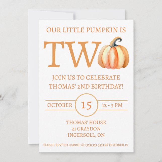 Our Little Pumpkin is TWO, Kids' Birthday Party Invitation (Front)