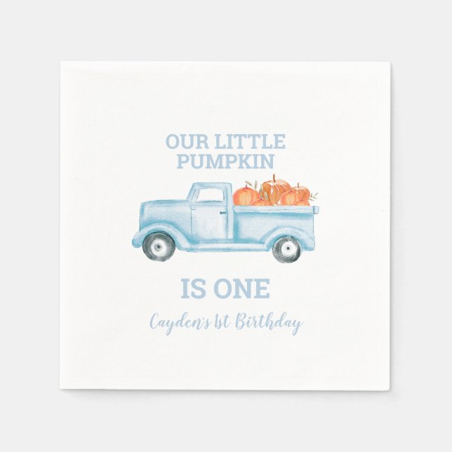 Our Little Pumpkin light blue truck first birthday Napkin (Front)