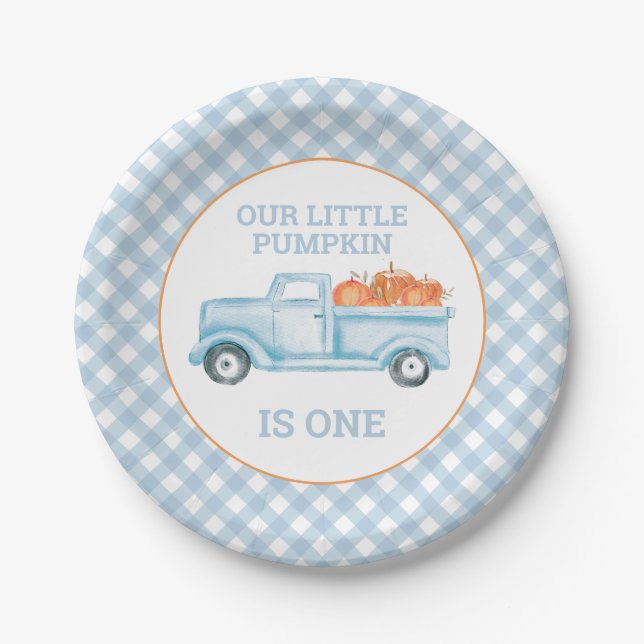 Our Little Pumpkin light blue truck first birthday Paper Plate (Front)