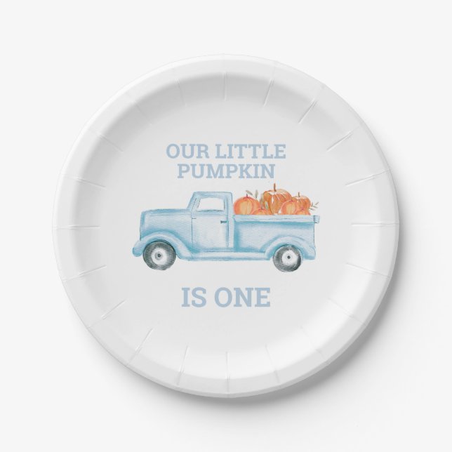 Our Little Pumpkin light blue truck first birthday Paper Plate (Front)