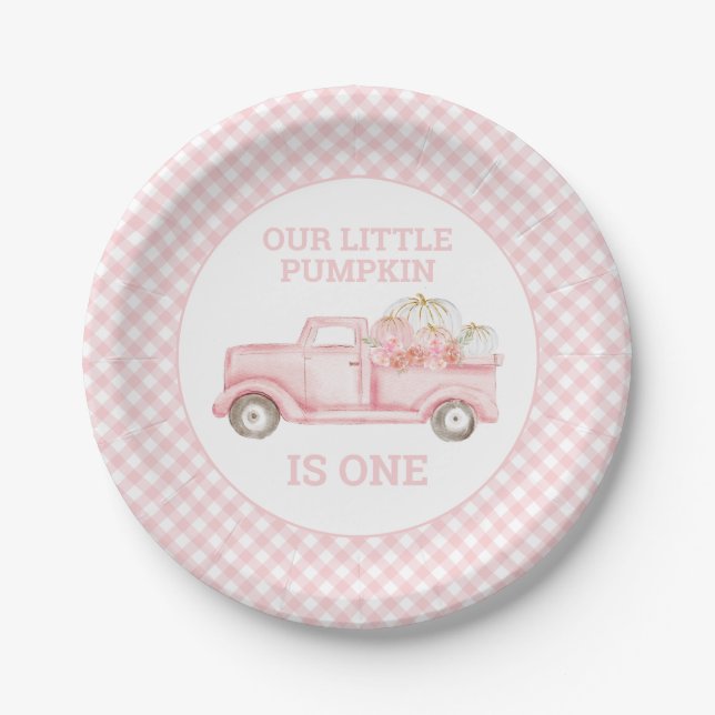 Our Little Pumpkin light pink truck first birthday Paper Plate (Front)