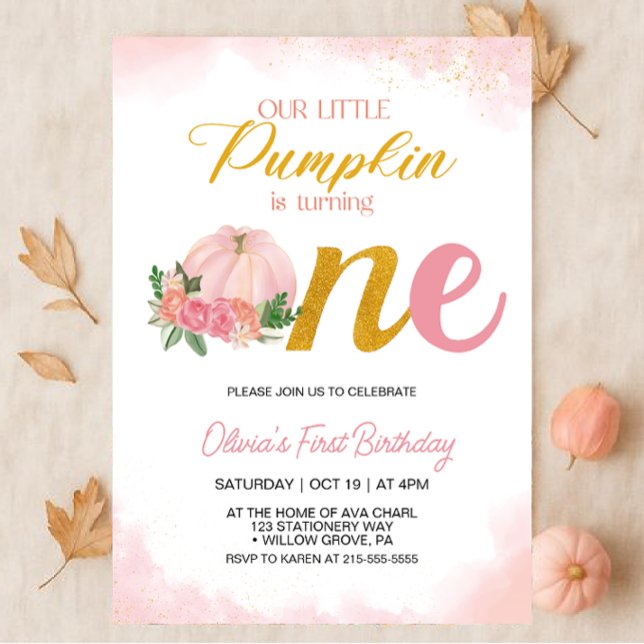 Our Little Pumpkin Pink and Gold Girl 1st Birthday Invitation (Creator Uploaded)