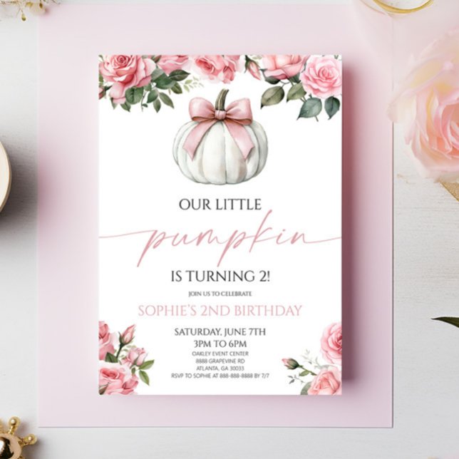 Our Little Pumpkin Pink Bow Floral Birthday Party Invitation (Creator Uploaded)